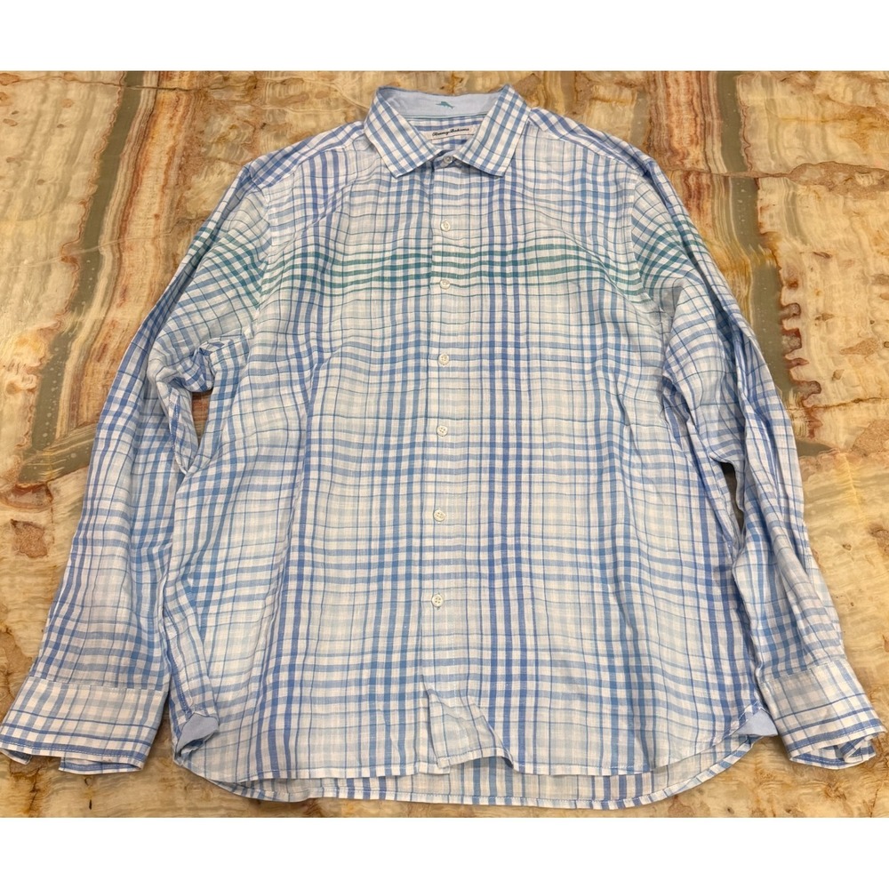 Tommy Bahama Mens Button-Up Shirt Blue Green Malahina Plaid Long Sleeve Size L